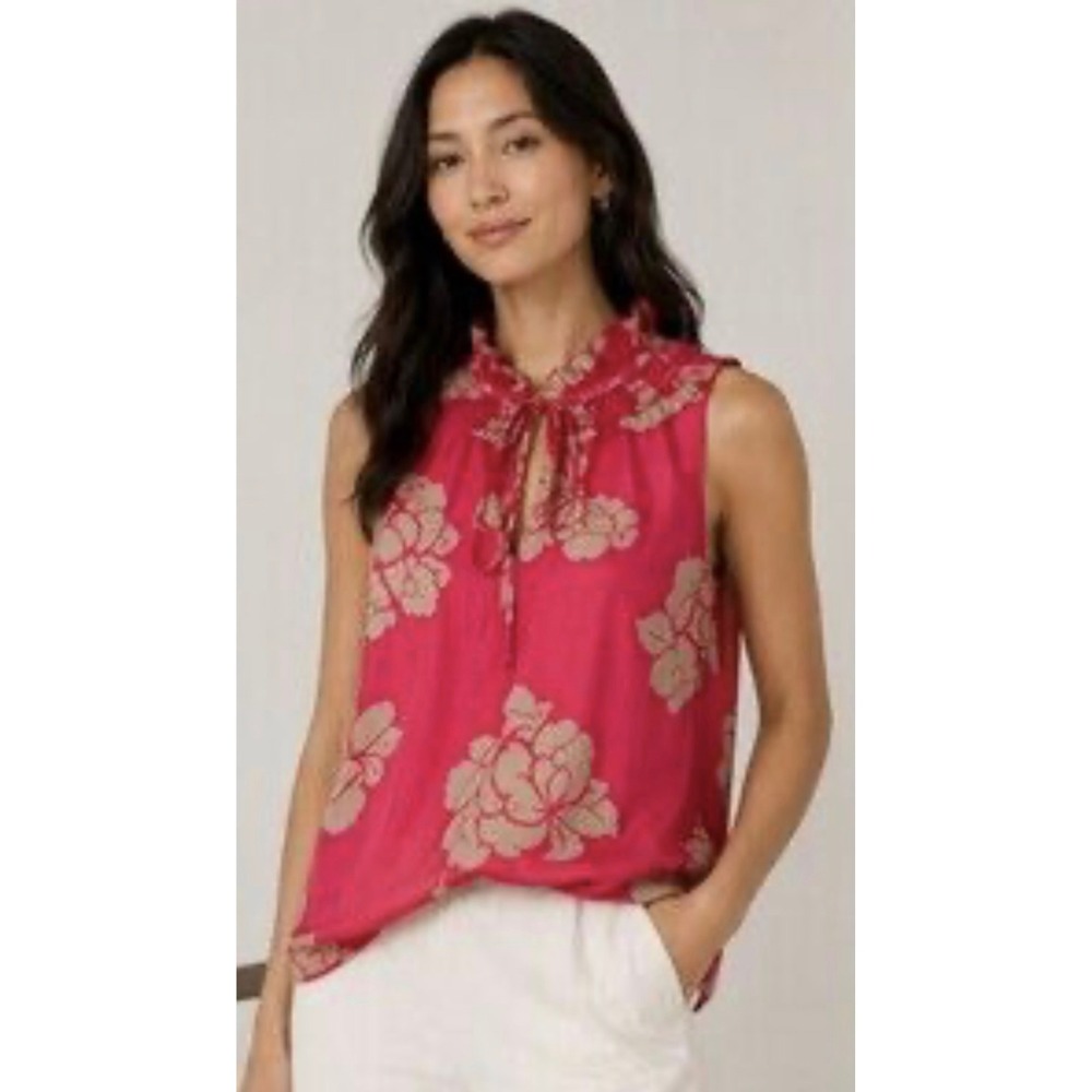 Club Monaco Silk Top Women XS Pink Floral Ruffle Tie Neck Sleeveless‎ Blouse